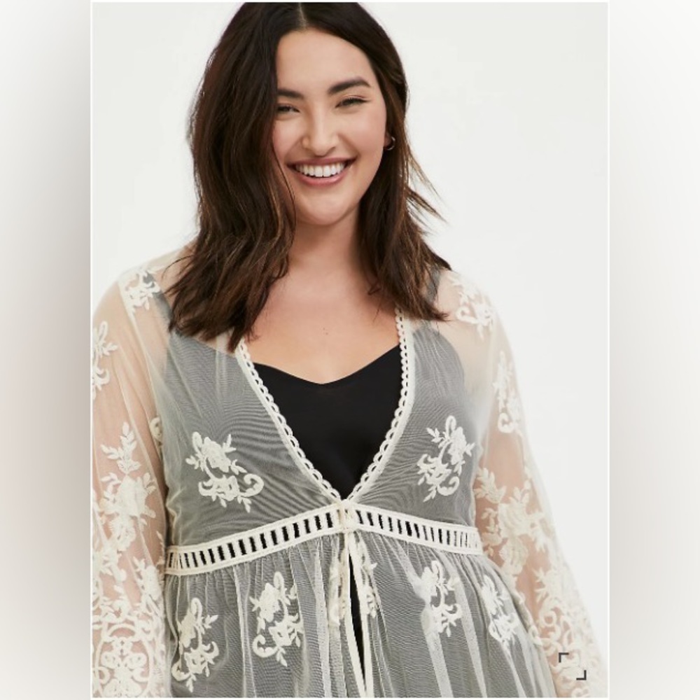 Torrid Ivory Mesh Embroidered Duster Kimono - Picture 2 of 5